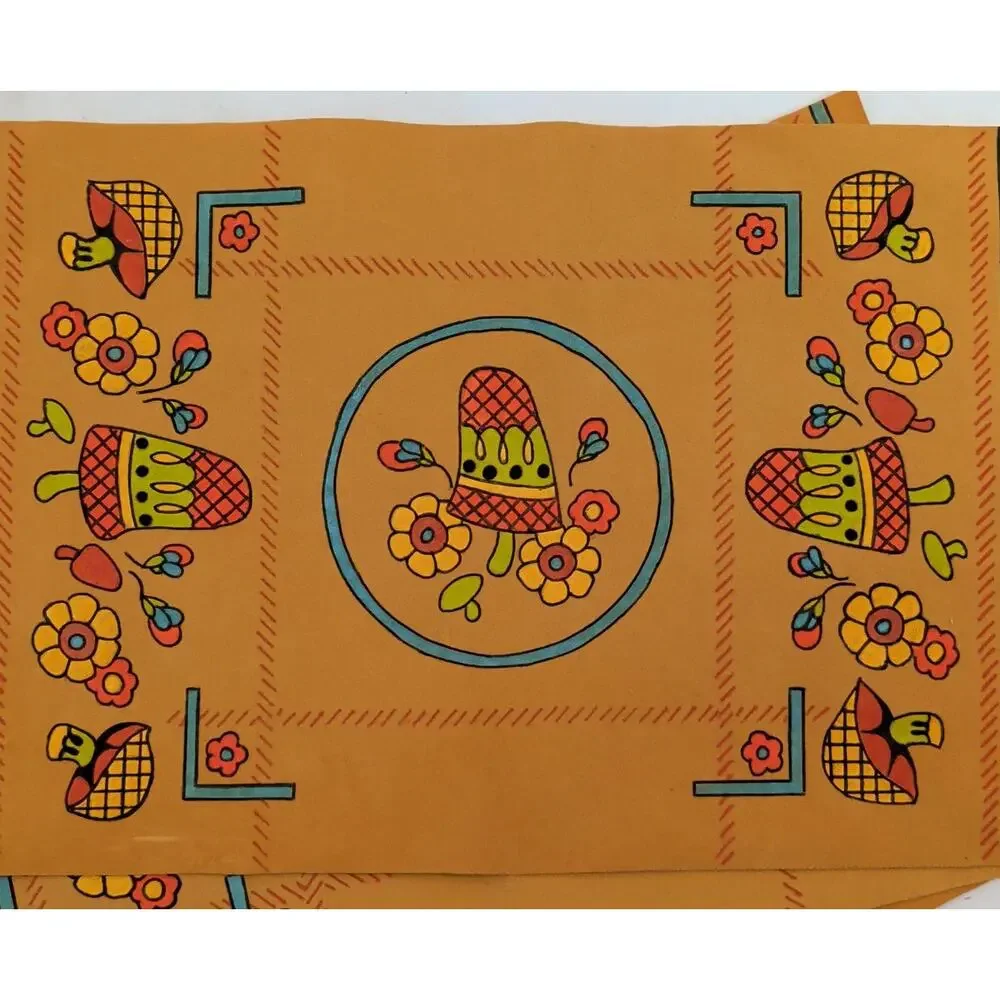 Vintage 70s Mushroom Printed Felt Placemats Orange Green Psychedelic Groovy
